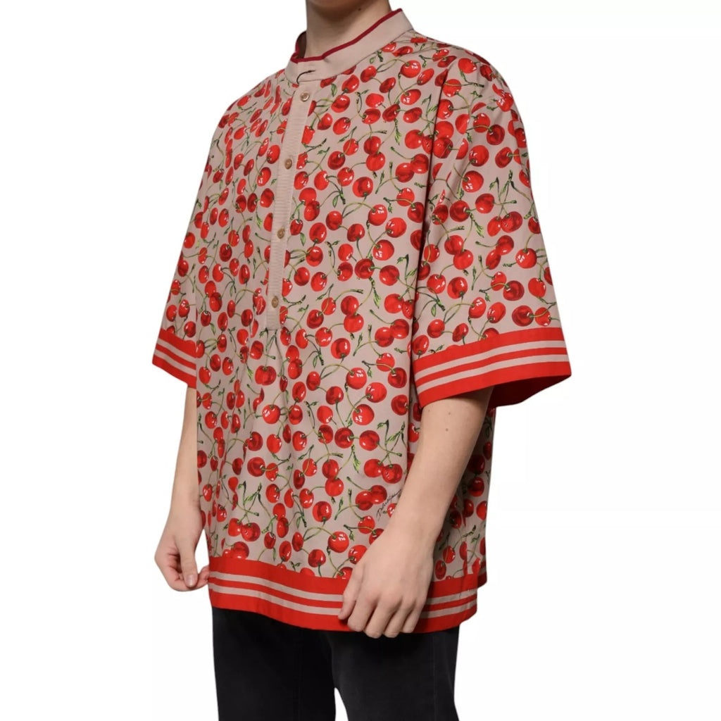 Chemise décontractée en nylon beige avec boutons Dolce & Gabbana, motif cerise, style casual et élégant.