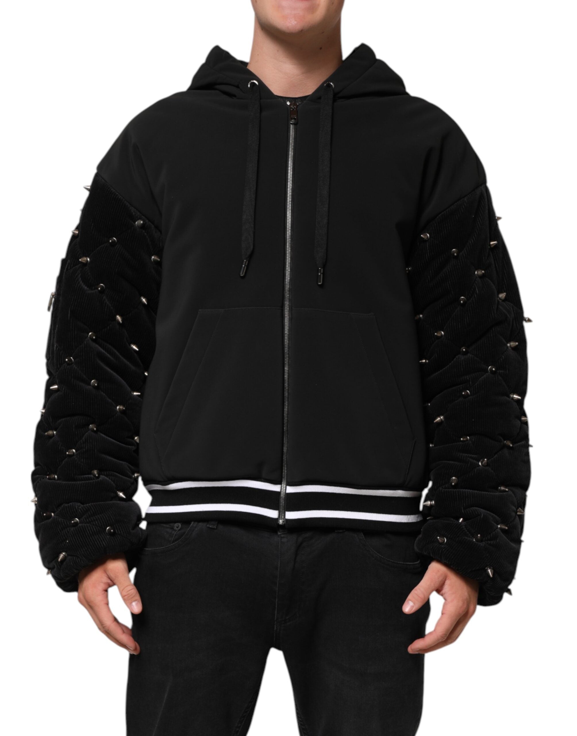 Veste à capuche Dolce & Gabbana en coton noir matelassé avec détails cloutés sur les manches, style décontracté et tendance.