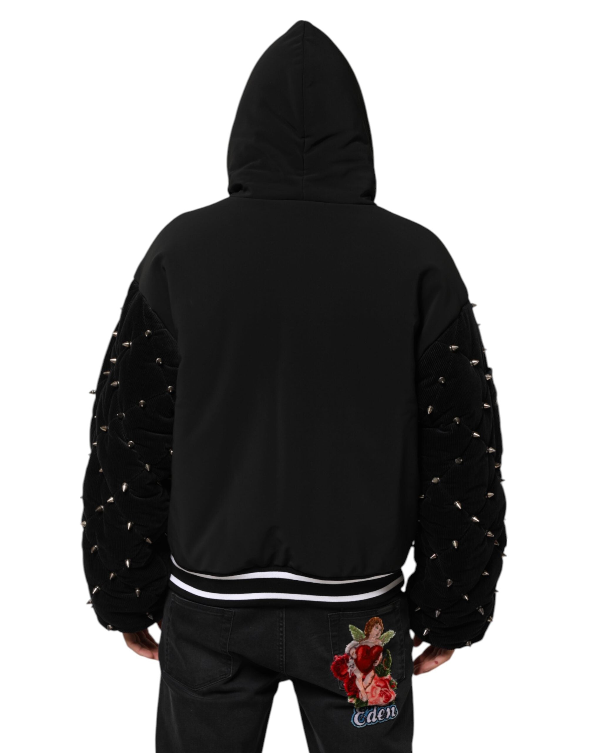 Veste à capuche en coton noir Dolce & Gabbana avec quilting matelassé et détails à clous, manches longues et style décontracté.