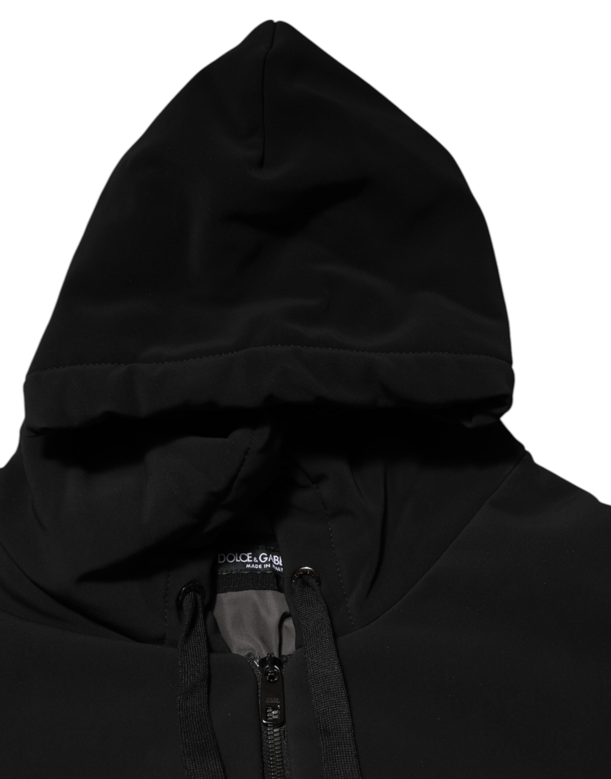 Veste à capuche en coton noir Dolce & Gabbana avec quilting matelassé et épaules ornées de studs.