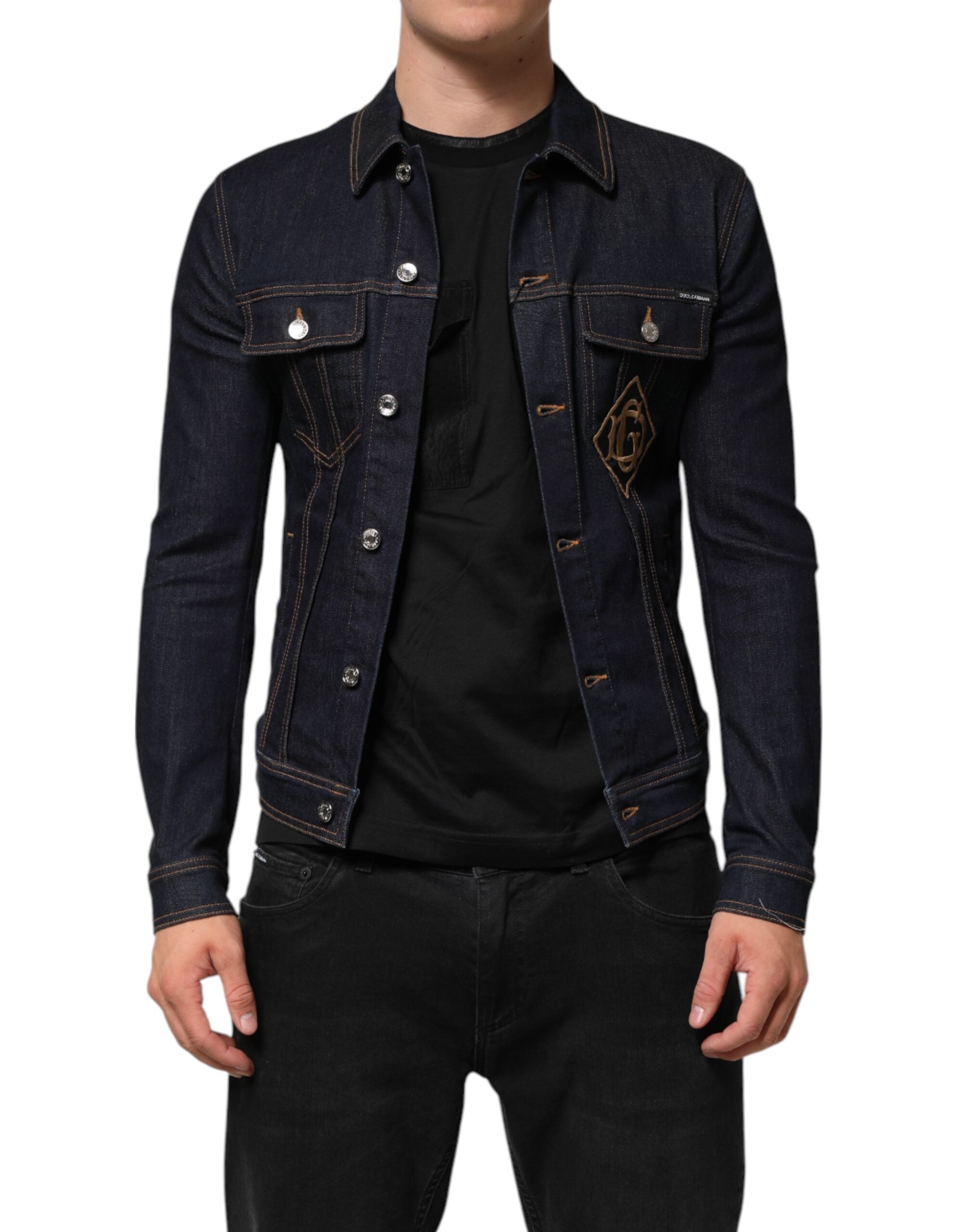 Veste en jean slim fit bleu indigo Dolce & Gabbana avec logo patch, détails de couture et style élégant.