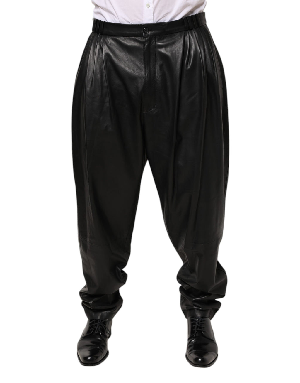 Pantalon homme Dolce & Gabbana en cuir d'agneau noir, style élégant et ajusté, visible sur fond neutre.