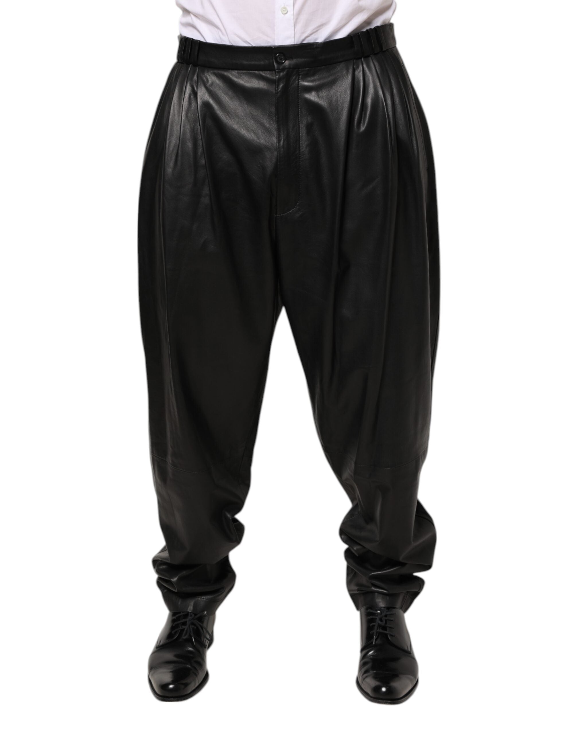 Pantalon homme Dolce & Gabbana en cuir d'agneau noir, style élégant et ajusté, visible sur fond neutre.