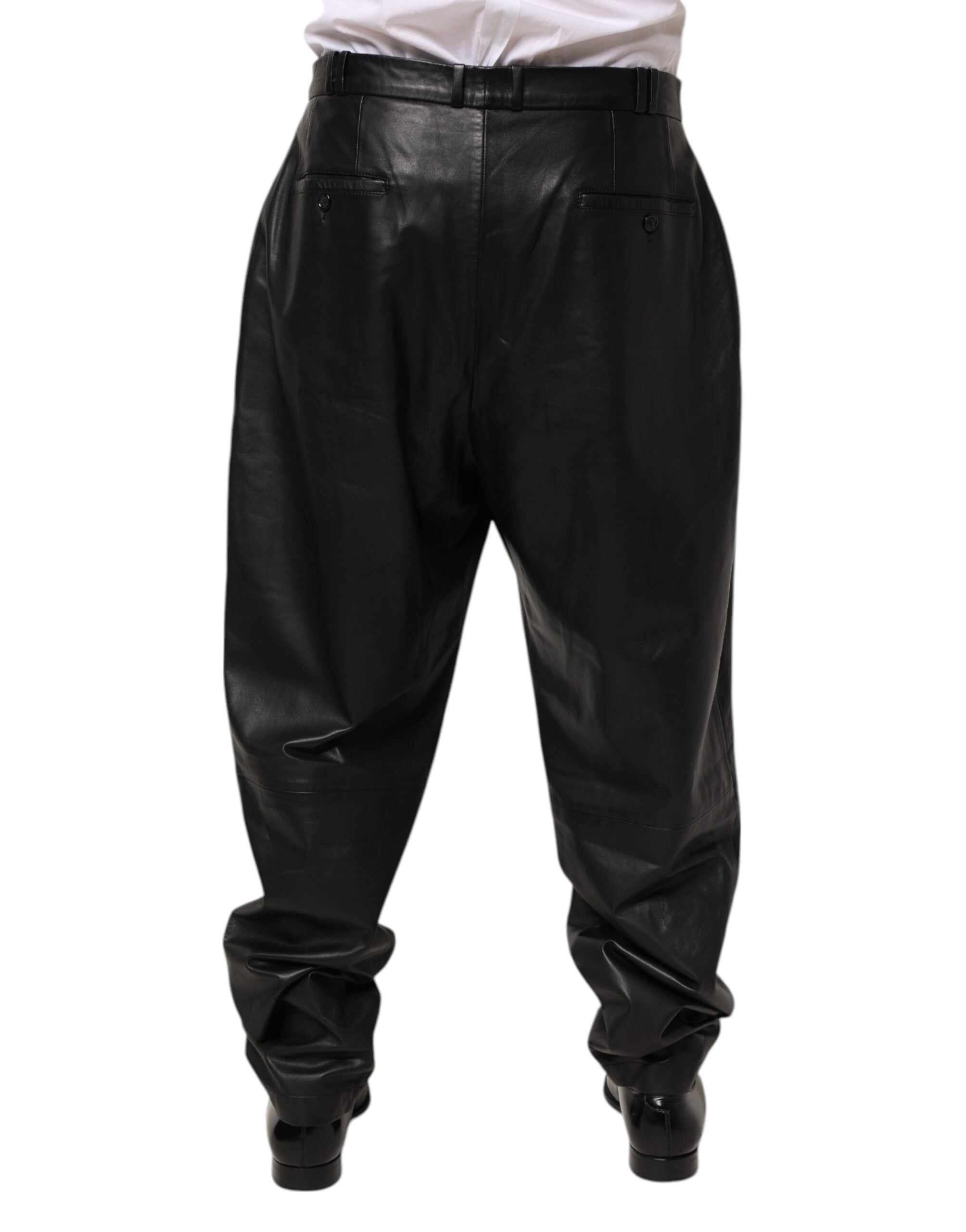 Pantalon pour homme en cuir d'agneau noir de Dolce & Gabbana, pantalon élégant avec coupe moderne.