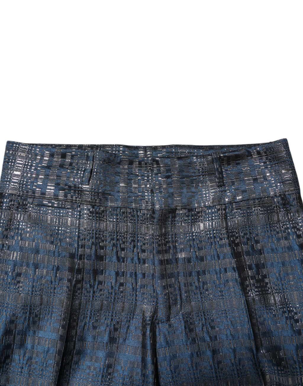 Pantalon homme Dolce & Gabbana en soie bleue argentée brillante, coupe skinny, élégance moderne et sophistiquée.