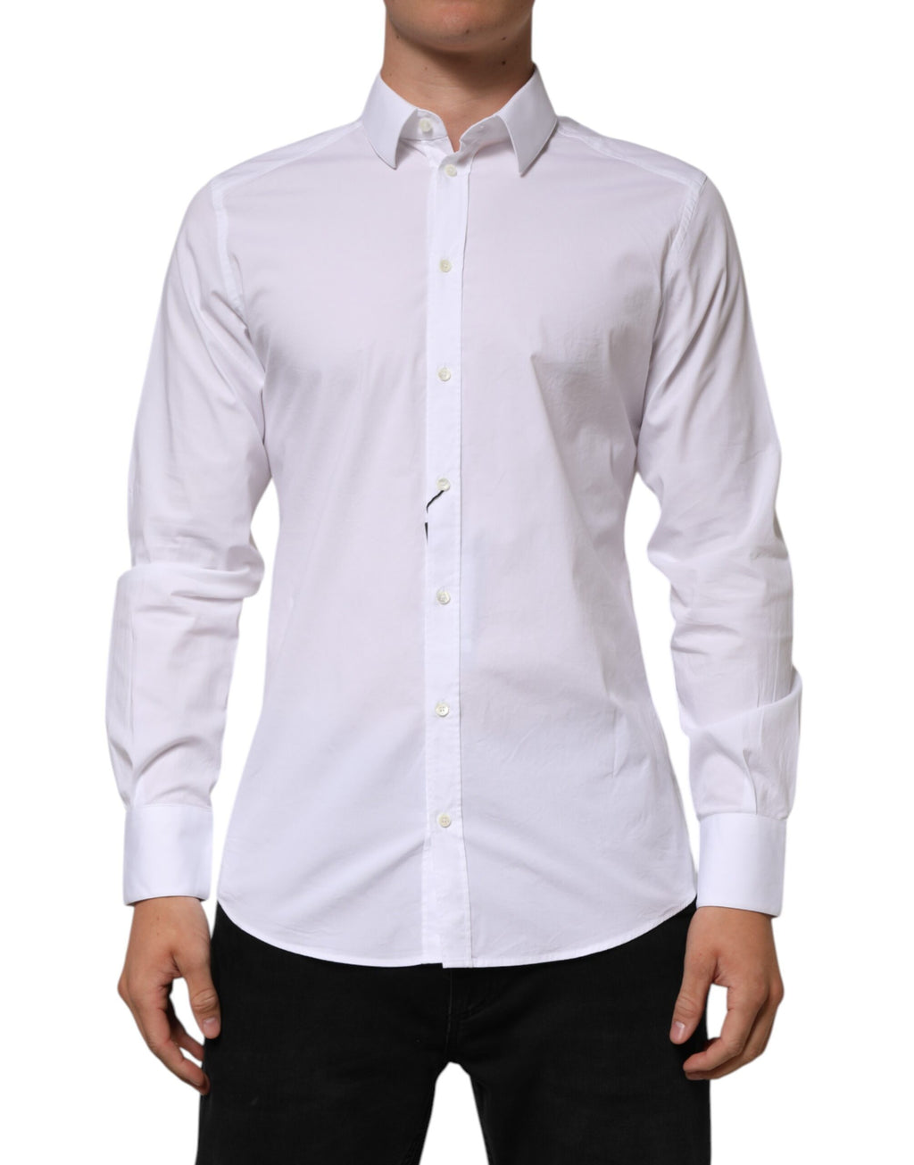 Chemise homme blanche en coton Dolce & Gabbana à manches longues, élégante et formelle avec détails dorés.