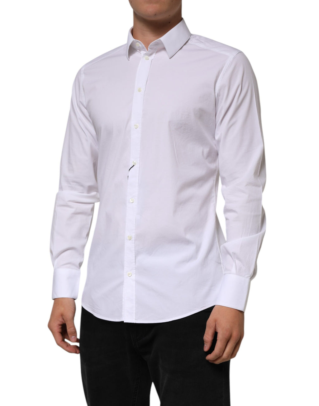 Chemise homme blanche en coton Dolce & Gabbana avec manches longues et détails dorés pour une tenue formelle élégante.