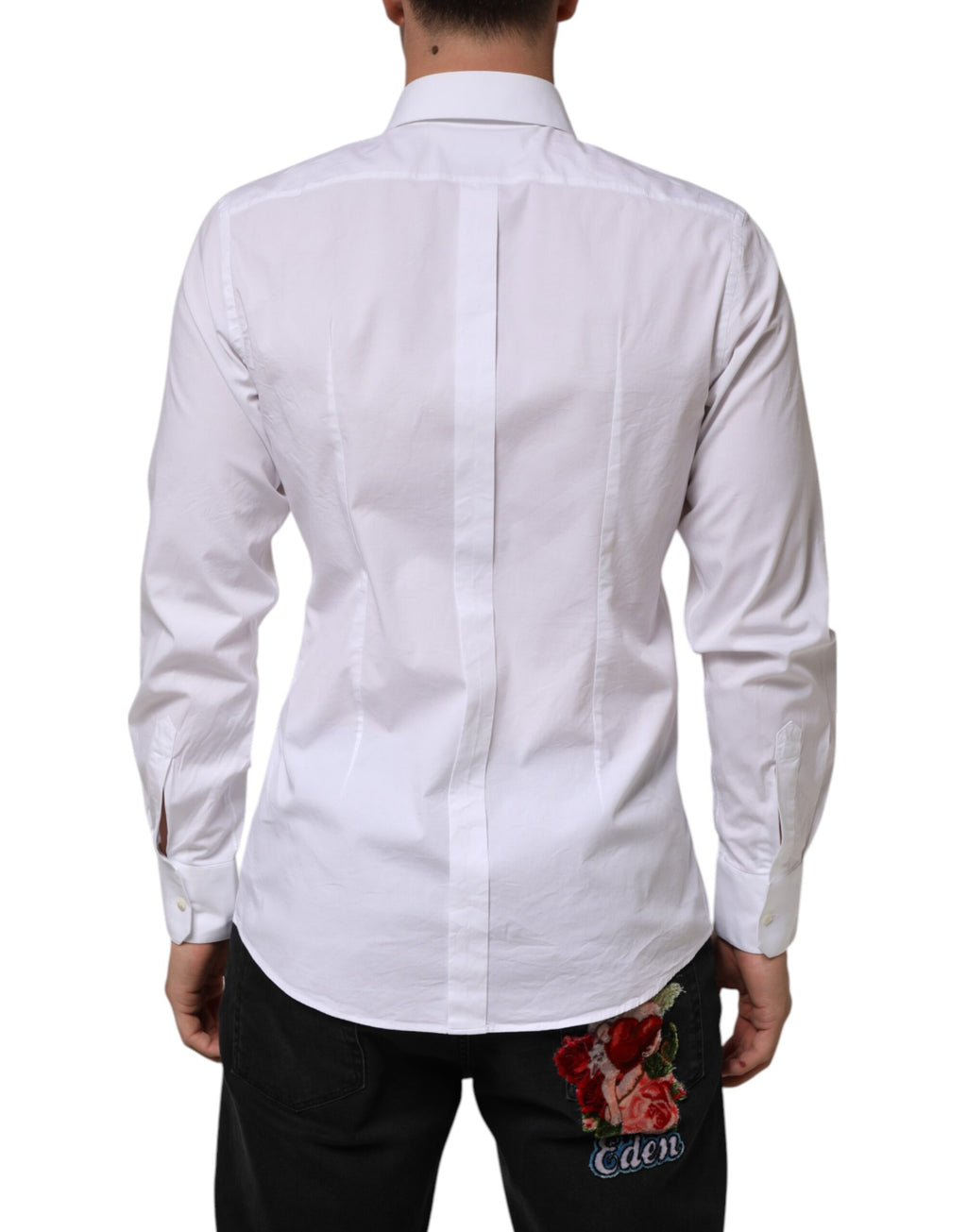 Chemise formelle blanche en coton pour homme Dolce & Gabbana avec manches longues et détails dorés.