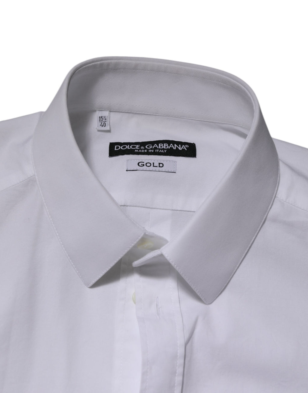 Chemise homme Dolce & Gabbana en coton blanc à manches longues, style formel avec détails dorés élégants.