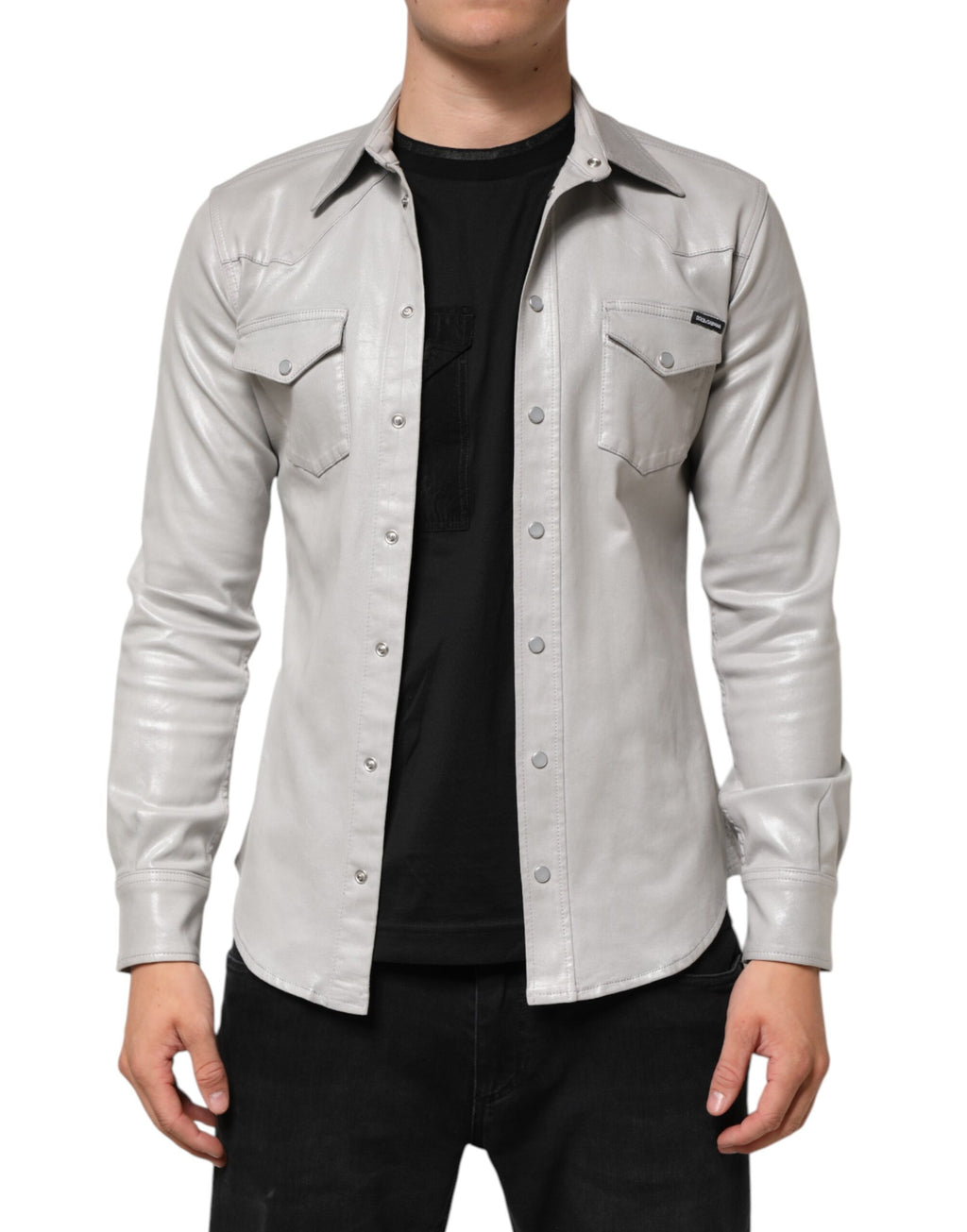 Chemise homme en coton gris métallisé Dolce & Gabbana avec boutons, vue de face.