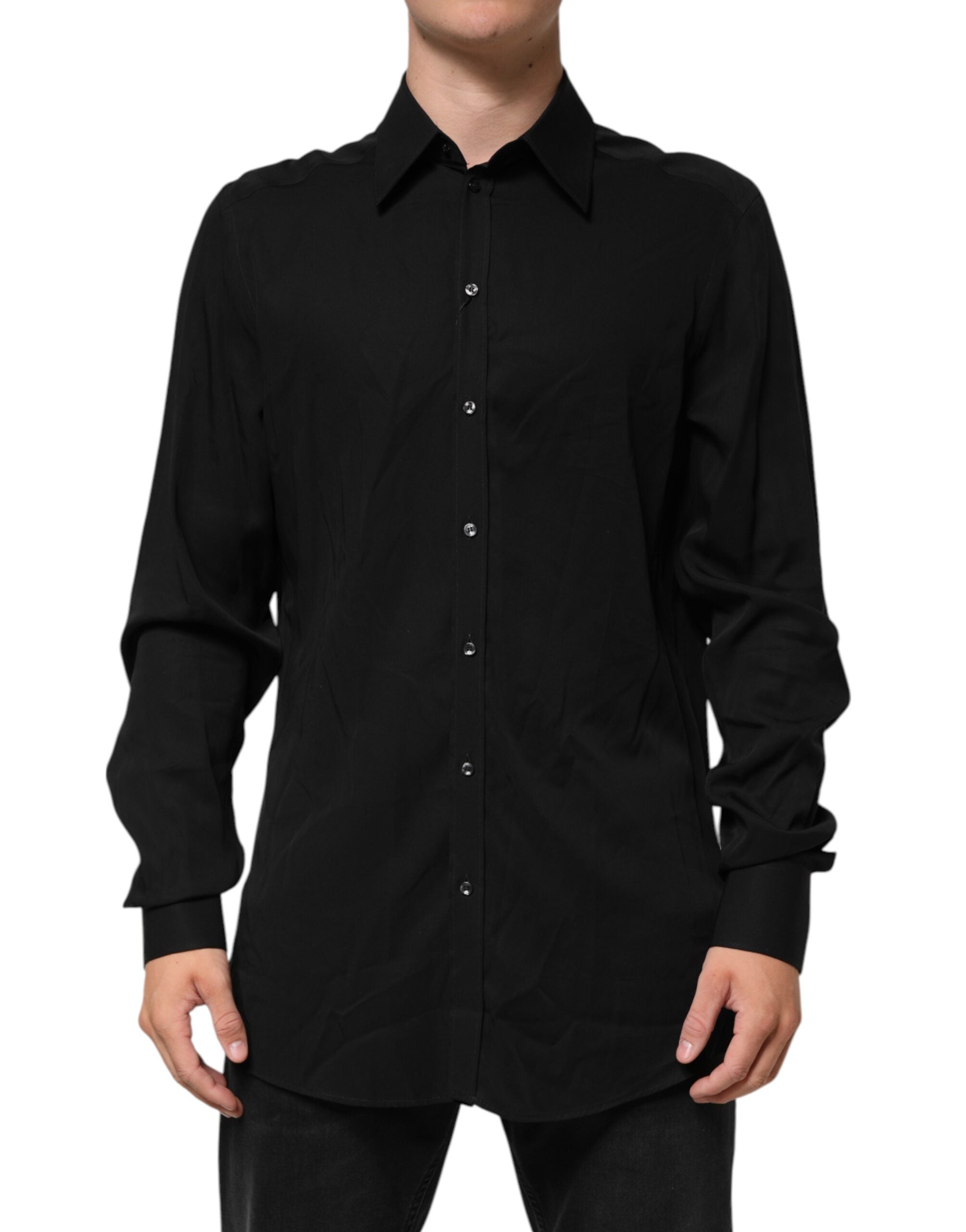 Chemise formelle Dolce & Gabbana en viscose noire à manches longues, style élégant et sophistiqué pour homme.