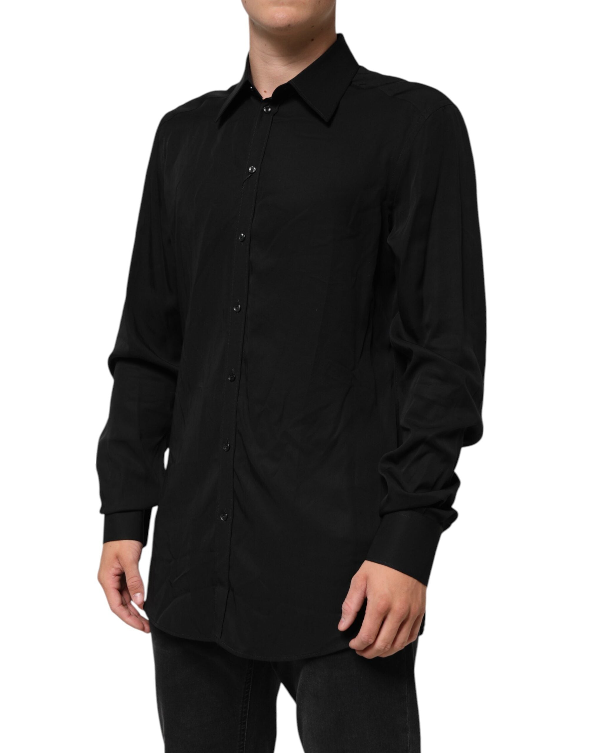 Chemise formelle Dolce & Gabbana en viscose noire à manches longues, élégante et sophistiquée.