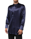 Chemise en soie bleue Dolce & Gabbana à manches longues et col mandarin, élégante et sophistiquée.