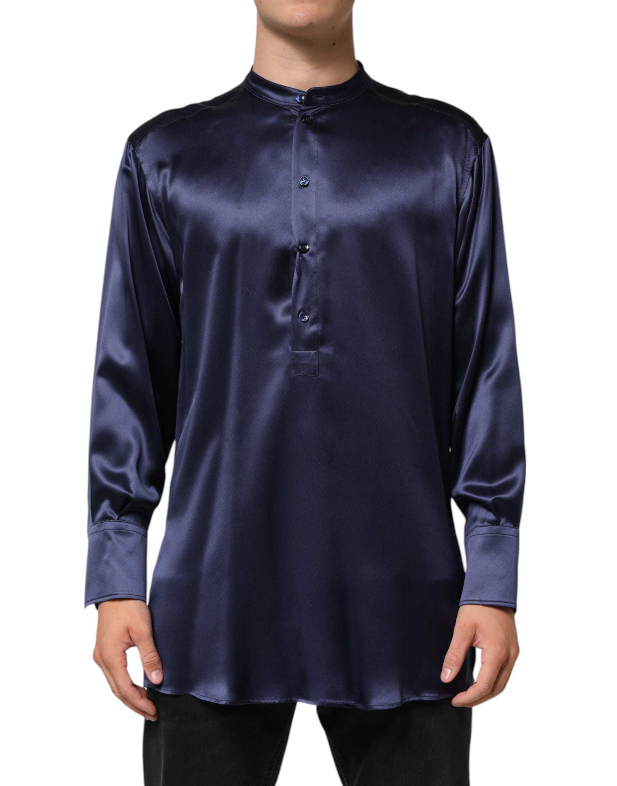 Chemise en soie bleue Dolce & Gabbana à manches longues et col mandarin, élégante et raffinée.