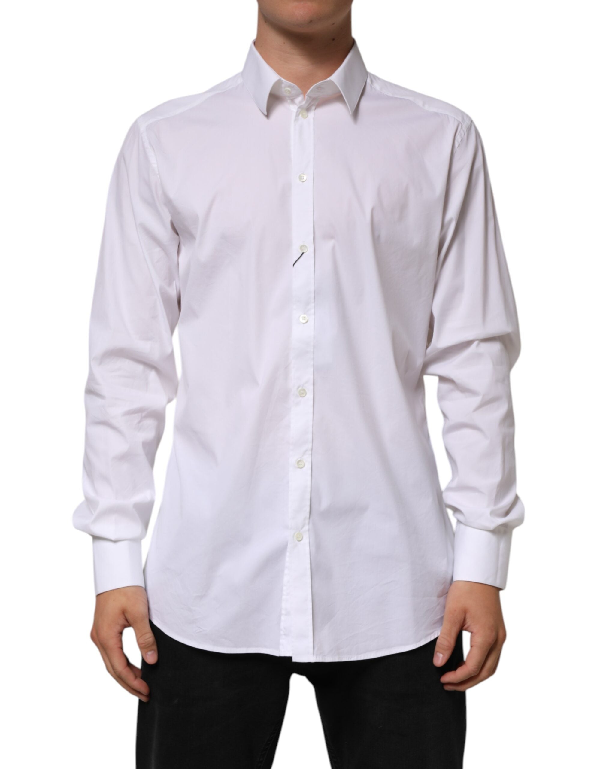 Chemise formelle blanche en coton Dolce & Gabbana avec manches longues et détails dorés, vue de face.