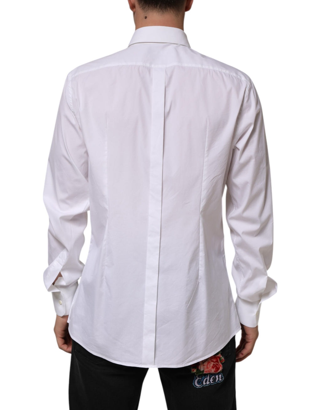Chemise blanche en coton à manches longues de luxe Dolce & Gabbana, style formel avec détails dorés.