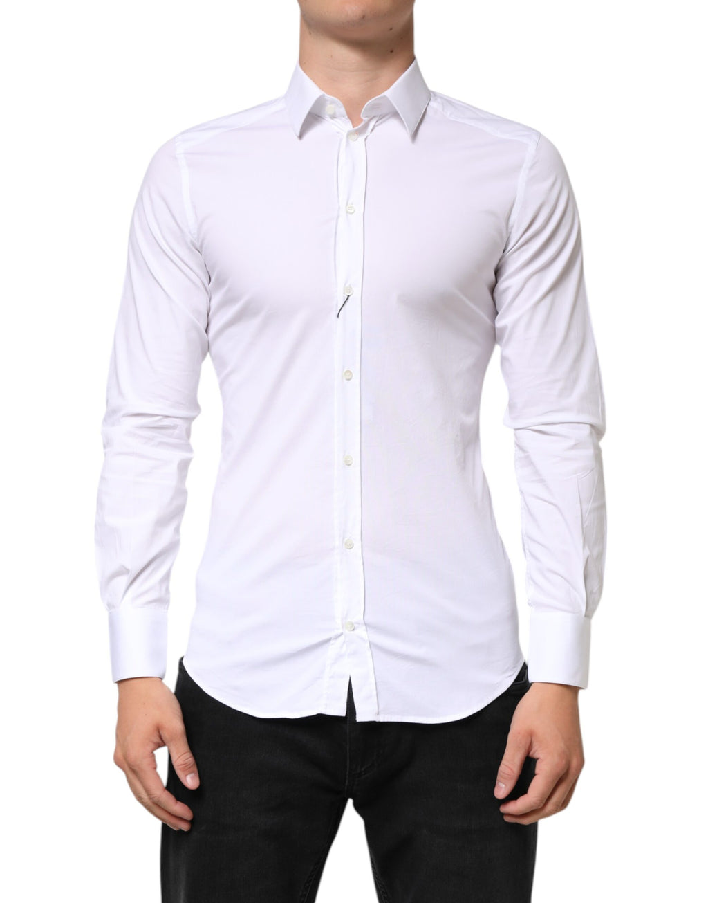 Chemise homme Dolce & Gabbana blanche à manches longues en coton avec détails dorés, élégante et sophistiquée.