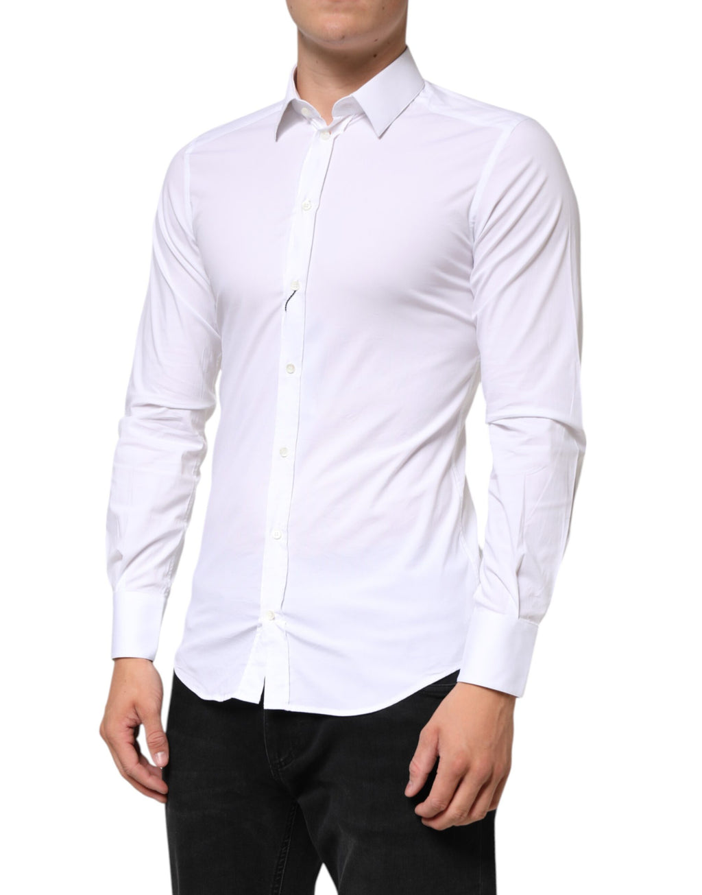 Chemise pour homme Dolce & Gabbana blanche en coton à manches longues avec détails dorés, élégante et sophistiquée.