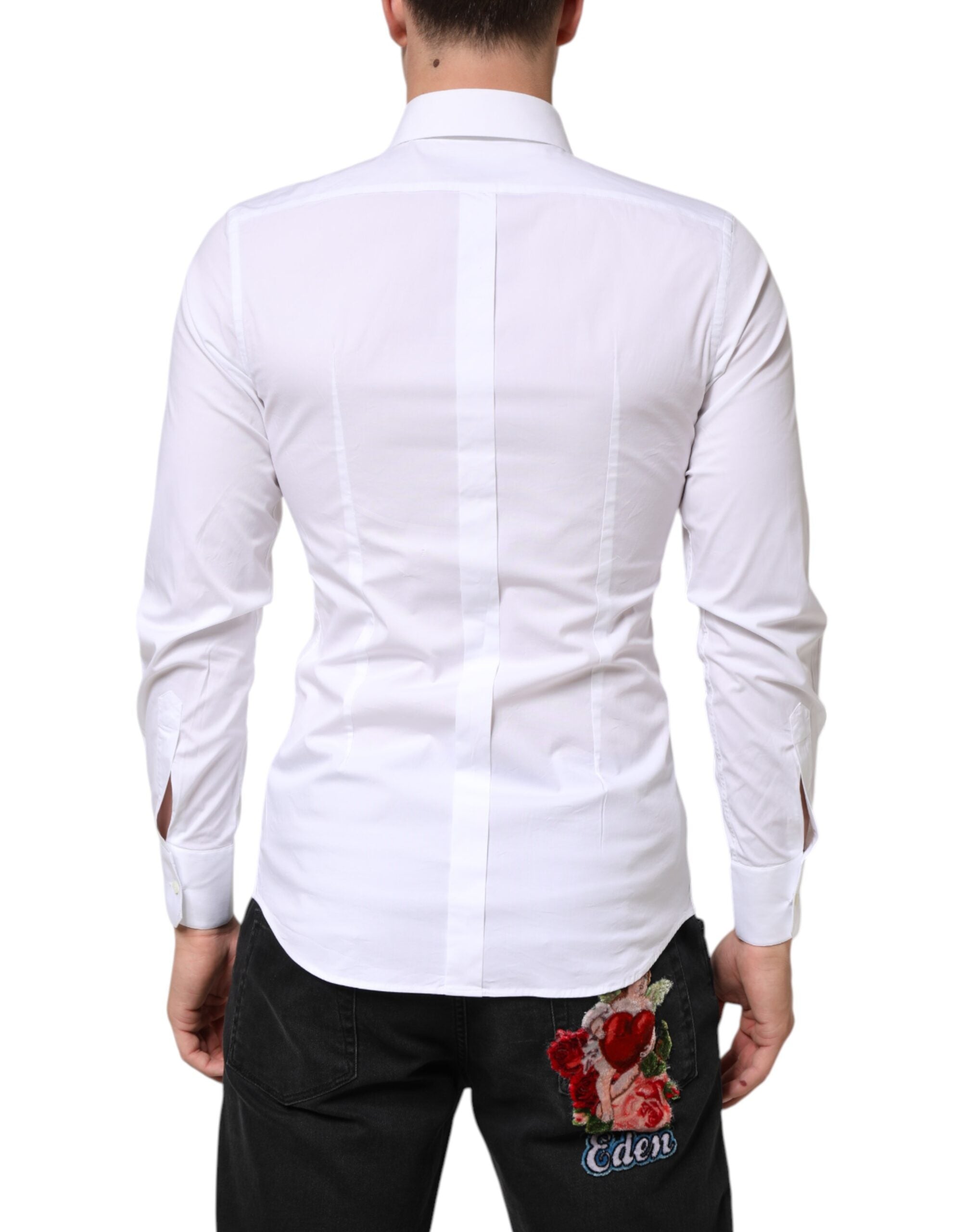 Chemise homme longue à manches longues Dolce & Gabbana en coton blanc avec détails dorés élégants.