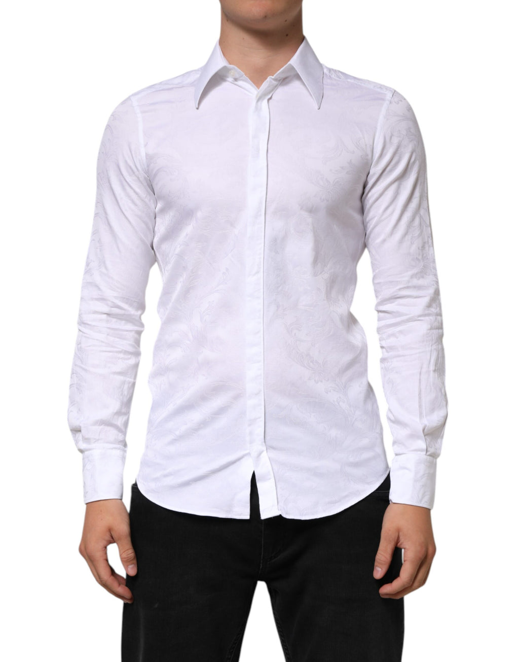 Chemise blanche en coton Dolce & Gabbana Martini Paisley Jacquard, détail élégant et motif paisley sophistiqué visible sur l'image.