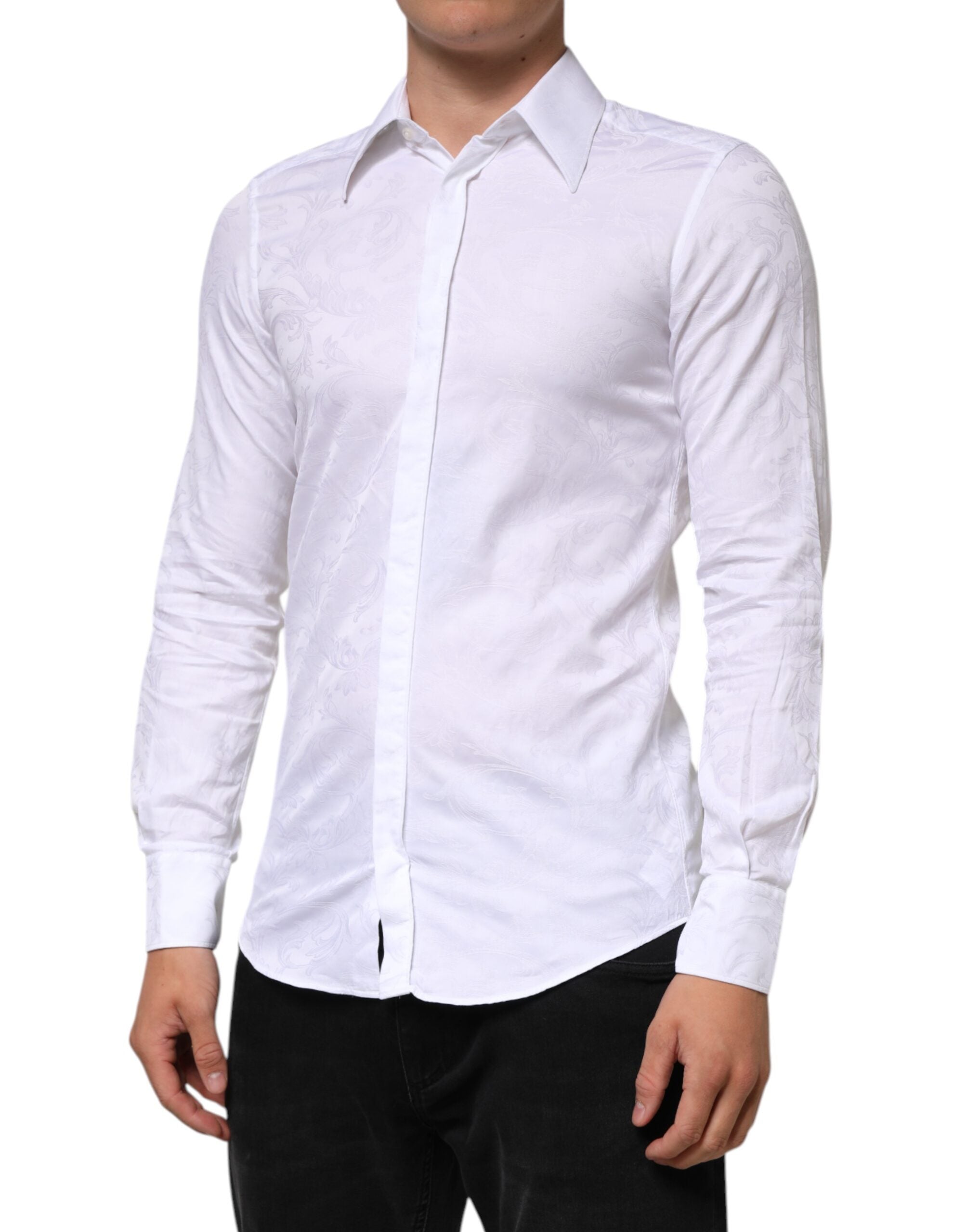 Chemise blanche en coton Dolce & Gabbana MARTINI Paisley Jacquard, détail du motif jacquard élégant.