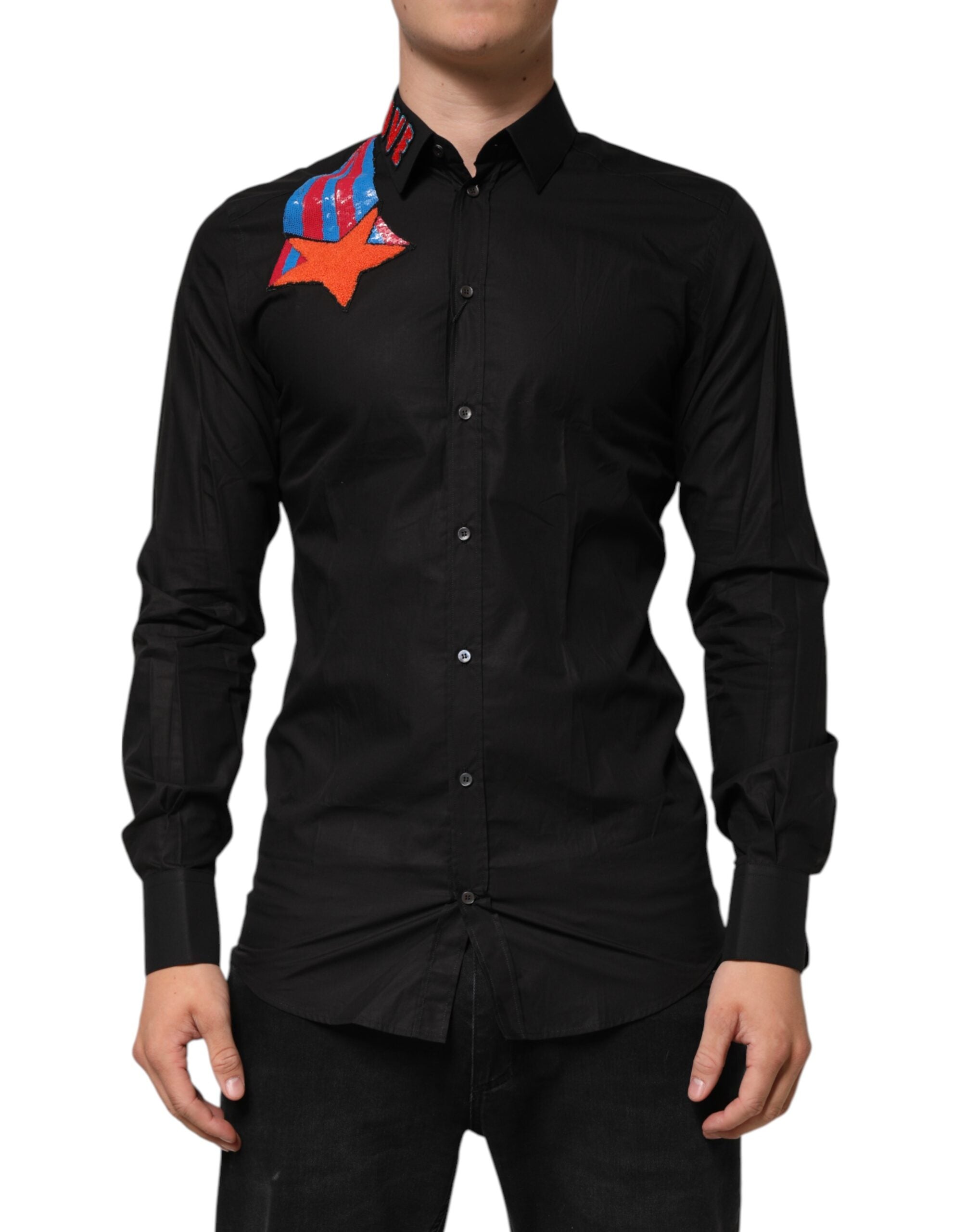 Chemise formelle pour homme Dolce & Gabbana en coton noir avec étoile à sequins, élégance et style sophistiqué.