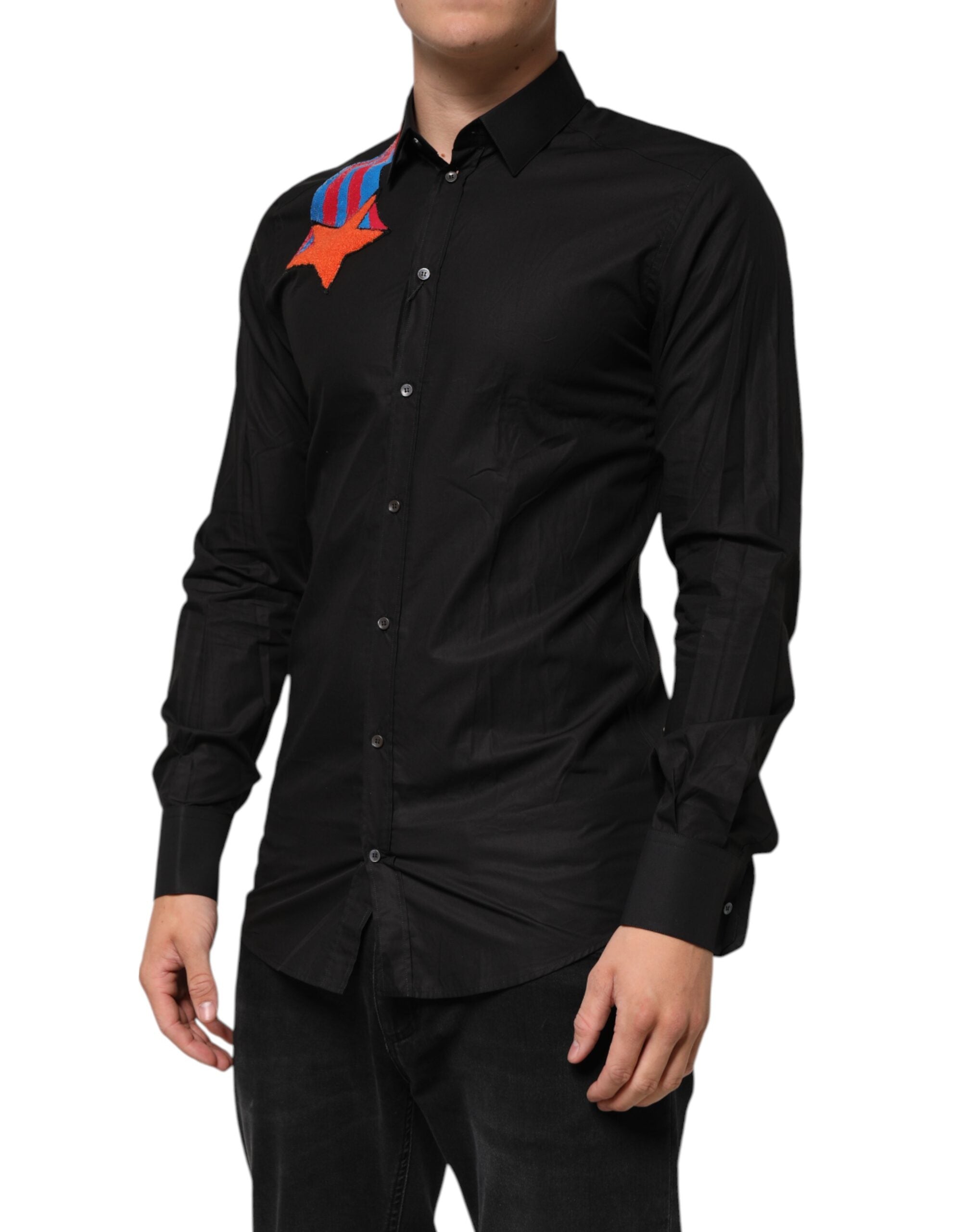 Chemise formelle noire Dolce & Gabbana en coton avec sequins étoiles, élégante pour homme.