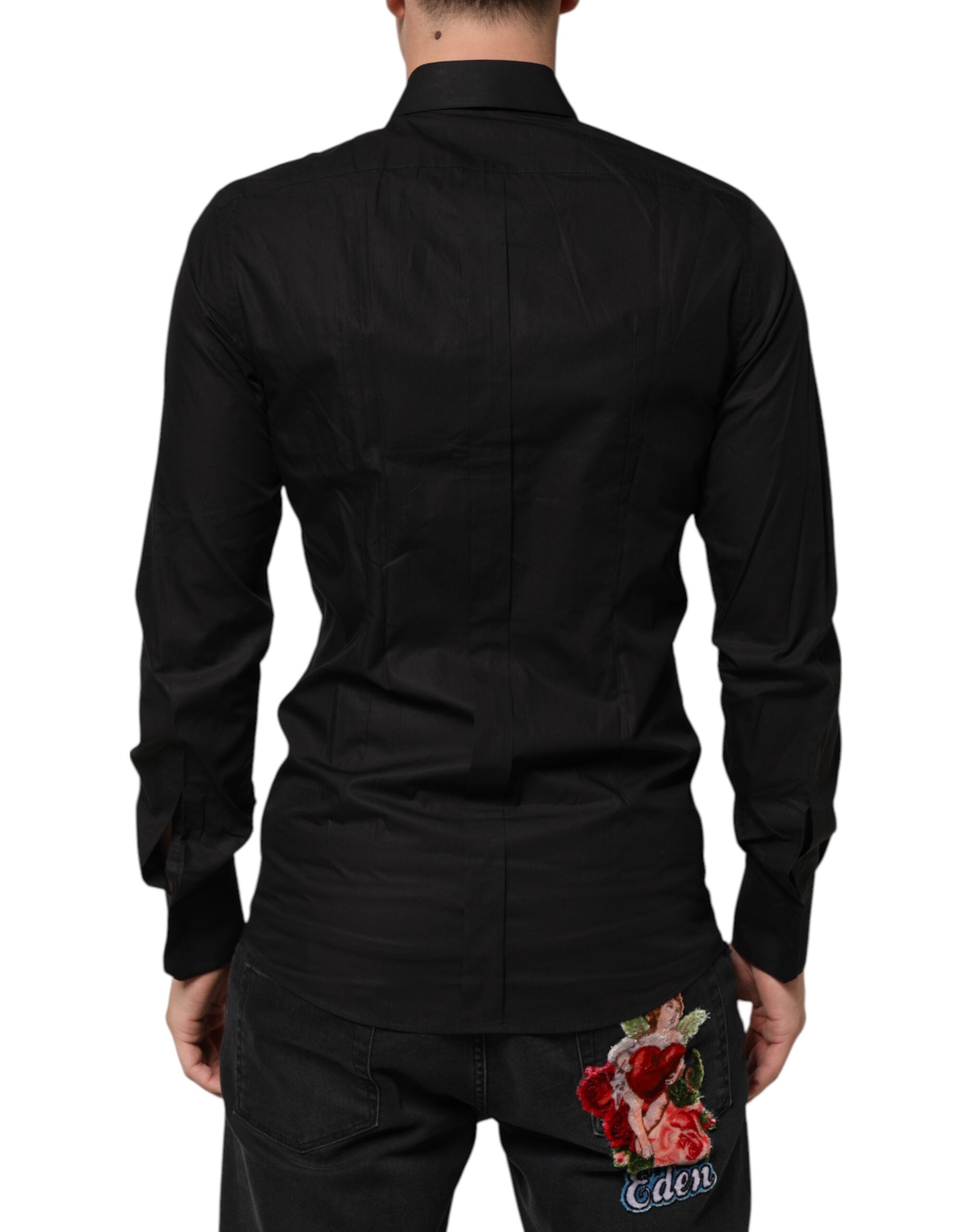 Chemise formelle pour homme Dolce & Gabbana en coton noir avec sequins étoiles, élégante et sophistiquée.