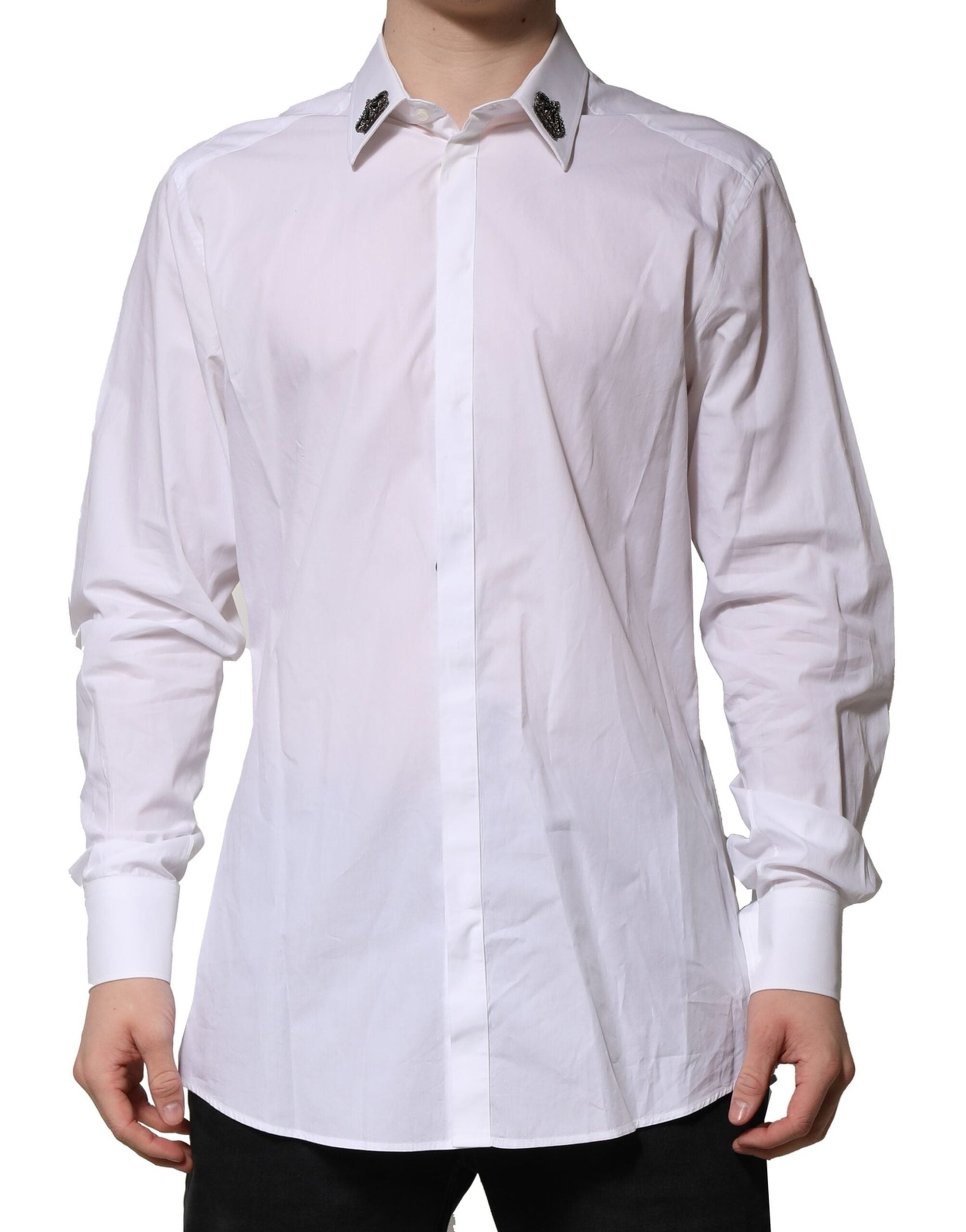 Chemise formelle blanche Dolce & Gabbana en coton avec col montant or, détail de la couronne sur le col.