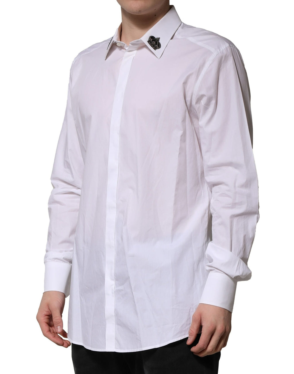 Chemise formelle blanche Dolce & Gabbana en coton avec col en forme de couronne dorée, élégante et sophistiquée.