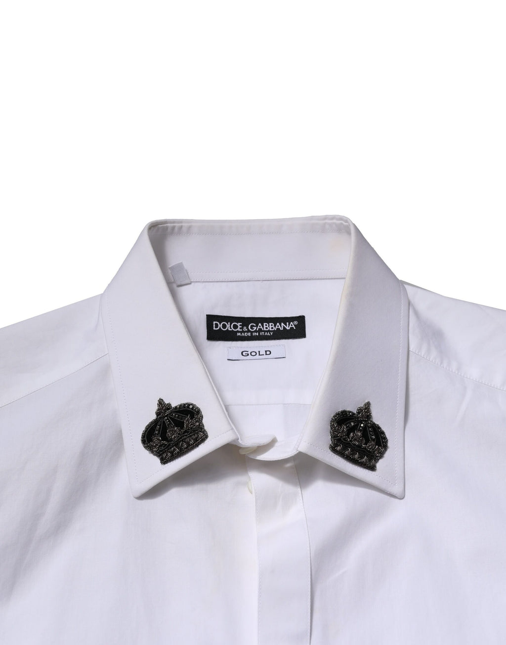 Chemise formelle Dolce & Gabbana blanche en coton avec col en couronne dorée, élégante et sophistiquée.