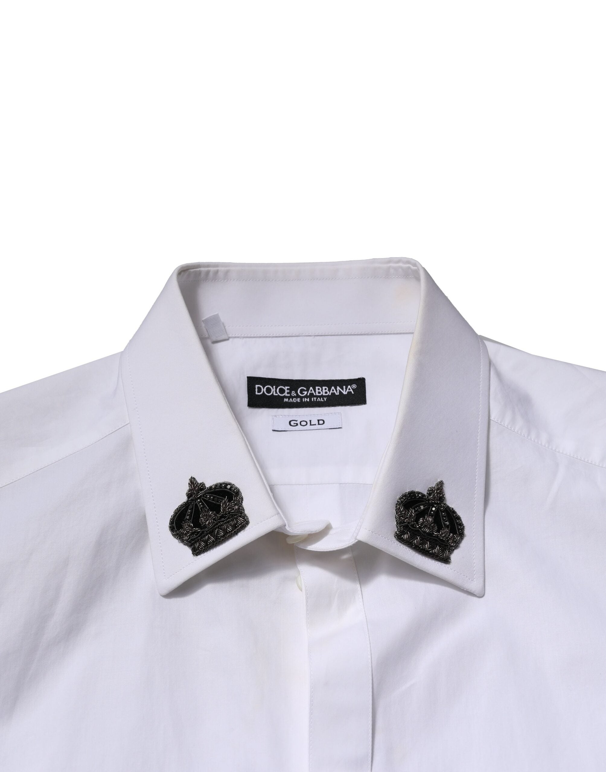 Chemise formelle Dolce & Gabbana blanche en coton avec col en couronne dorée, élégante et sophistiquée.