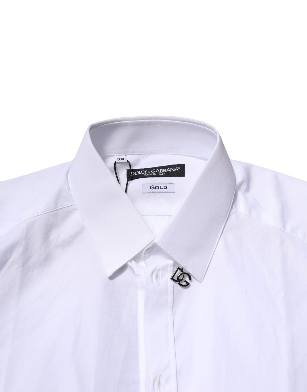 Chemise formelle blanche en coton Dolce & Gabbana avec manches longues et détails dorés, élégante et sophistiquée.