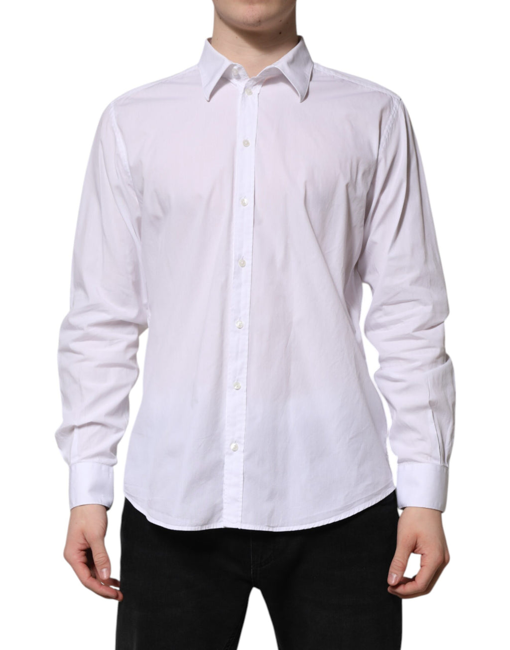 Chemise longue blanche en coton Dolce & Gabbana STAFF avec manches longues et coupe élégante.