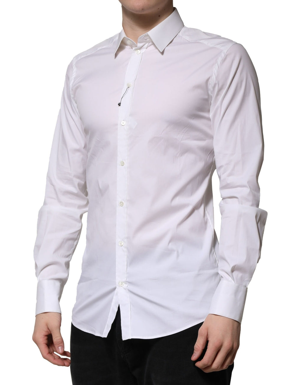 Chemise blanche en coton Dolce & Gabbana à manches longues, style formel avec détails en or.