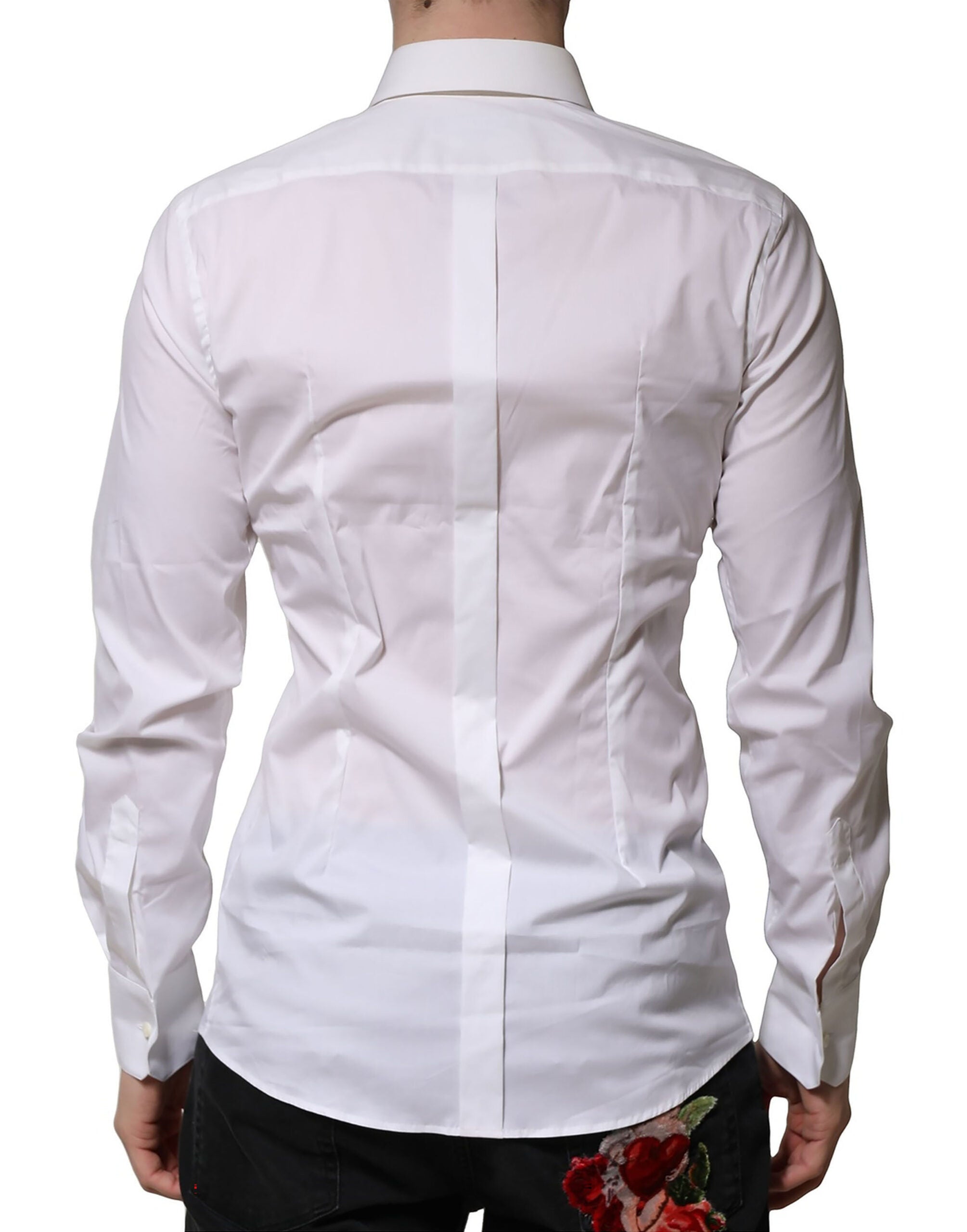Chemise formelle blanche en coton Dolce & Gabbana avec manches longues et détails en or, élégante et sophistiquée.