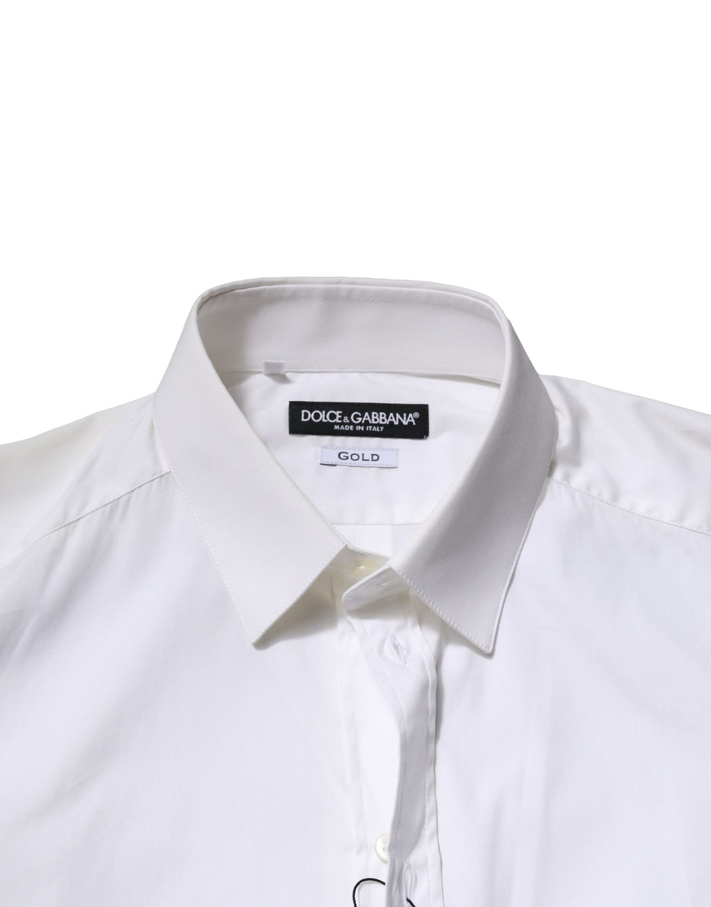 Chemise formelle en coton blanc Dolce & Gabbana avec manches longues et détails dorés, élégante et sophistiquée.