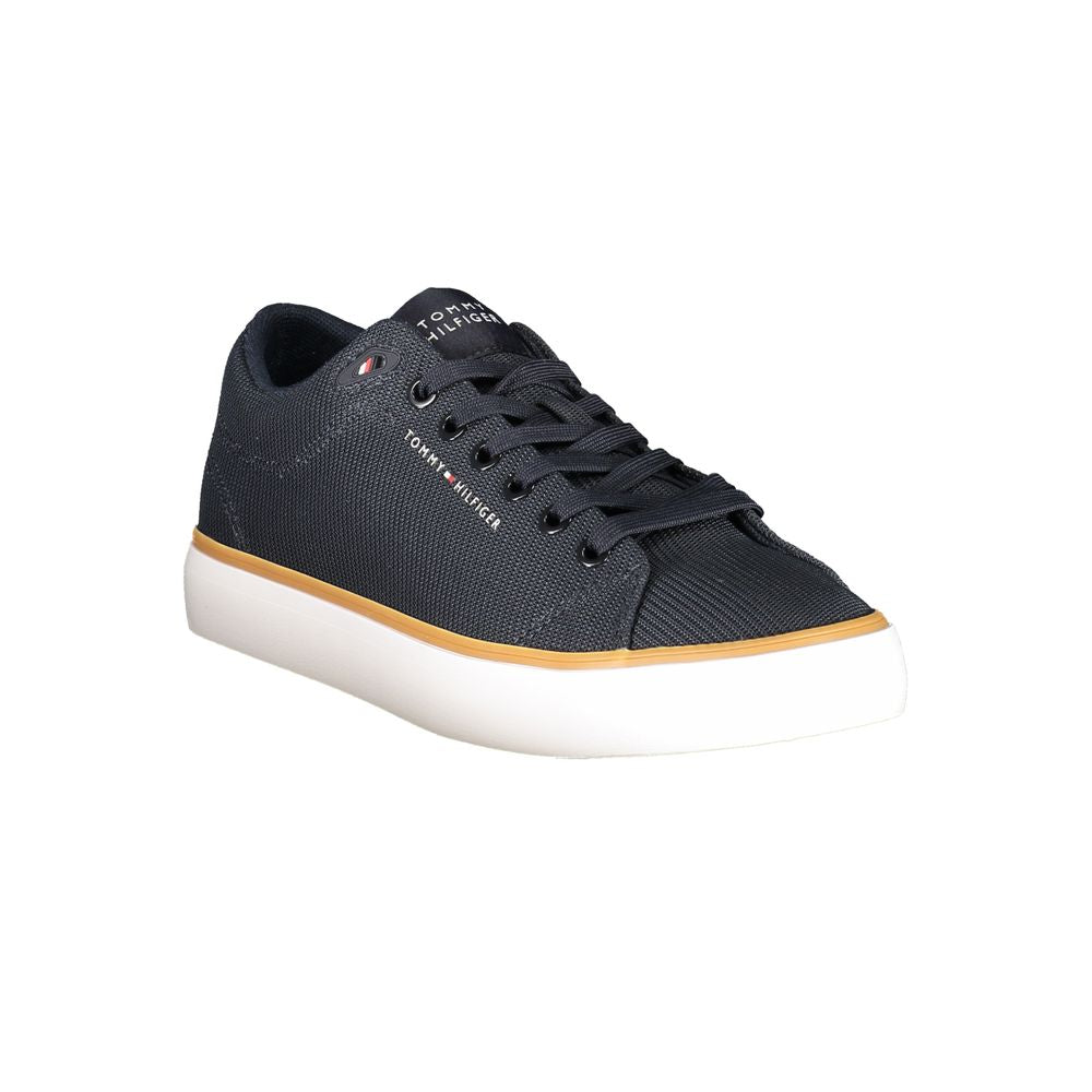 Sneakers pour hommes Tommy Hilfiger en polyester bleu, vue de face avec détails de la semelle et du design sportif.
