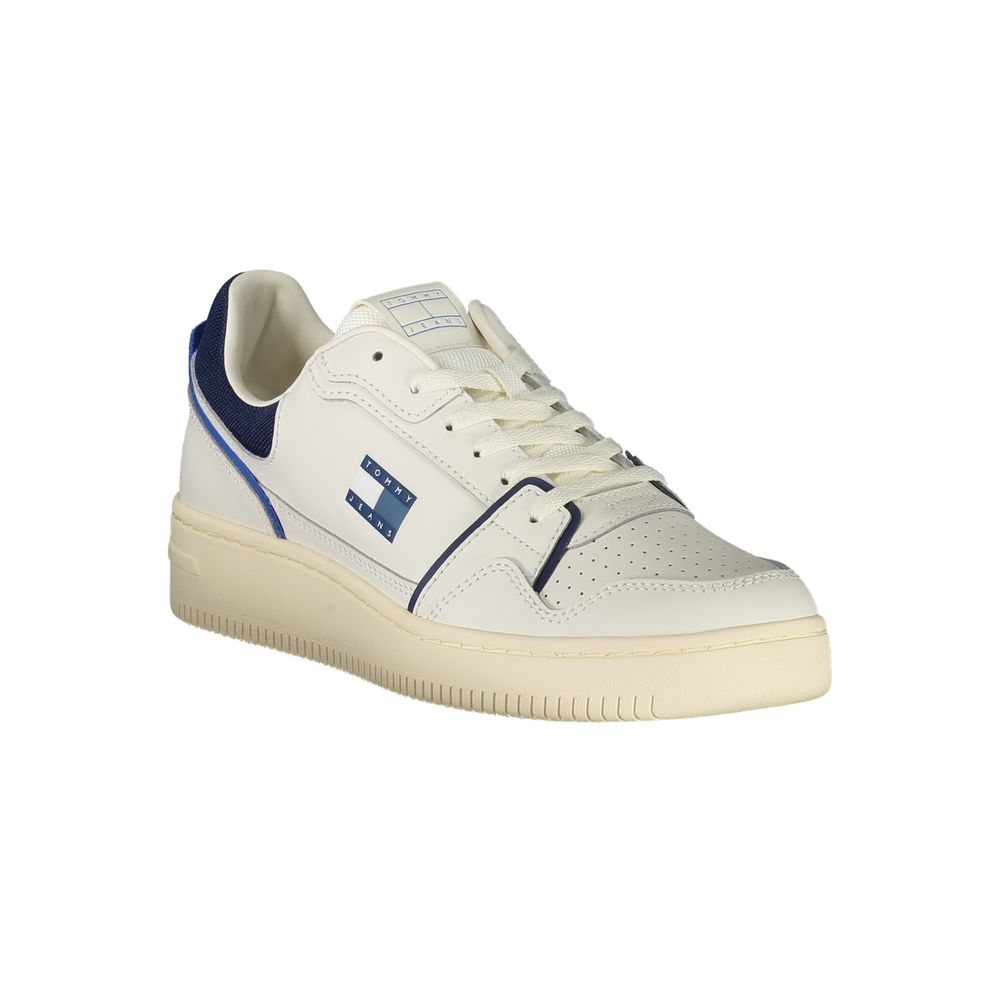 Sneakers pour hommes Tommy Hilfiger Bianco en polyuréthane, design sportif blanc avec détails colorés, vue de face.