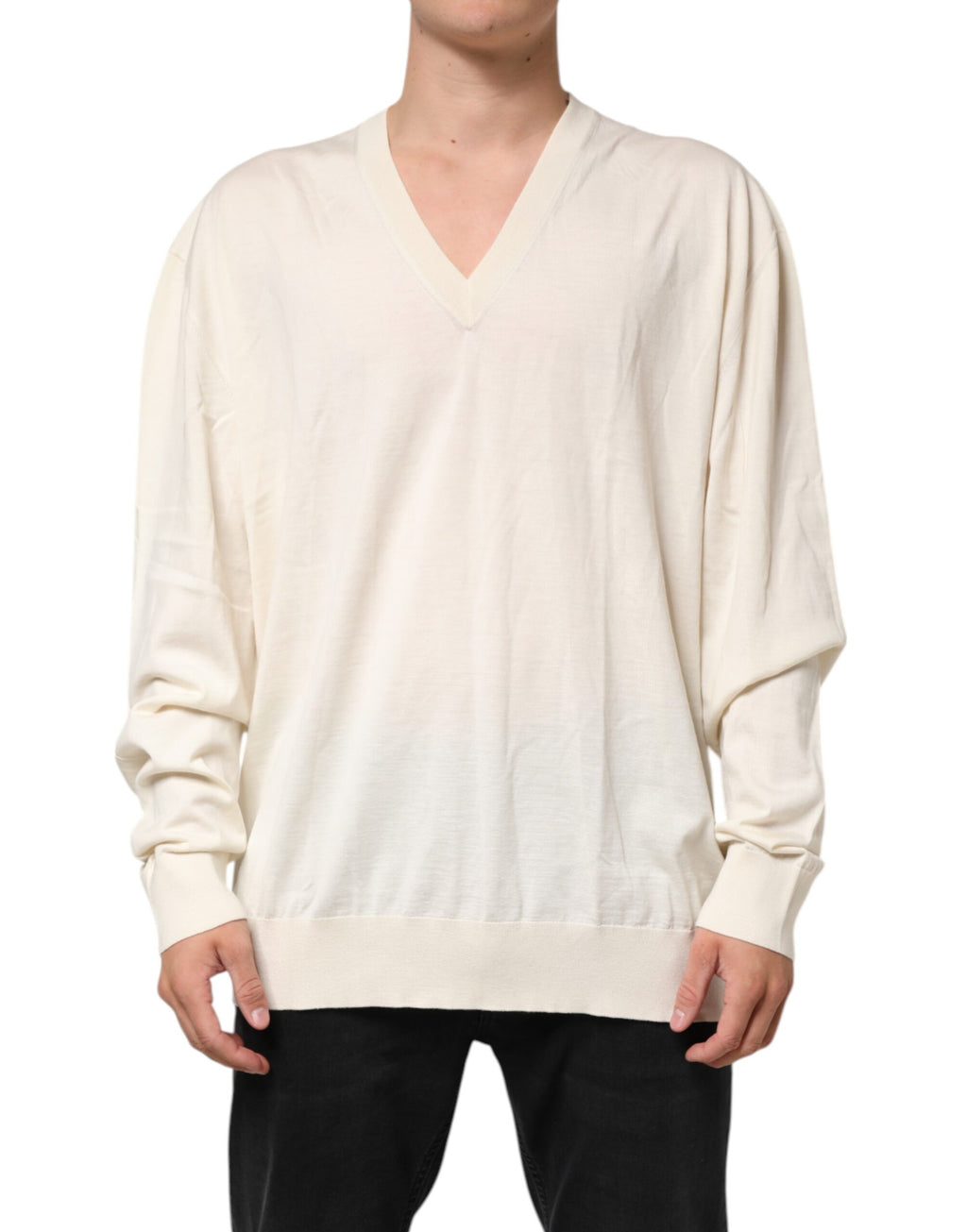 Pull homme Dolce & Gabbana en laine vierge ivoire à col en V, pull en tricot élégant et confortable.