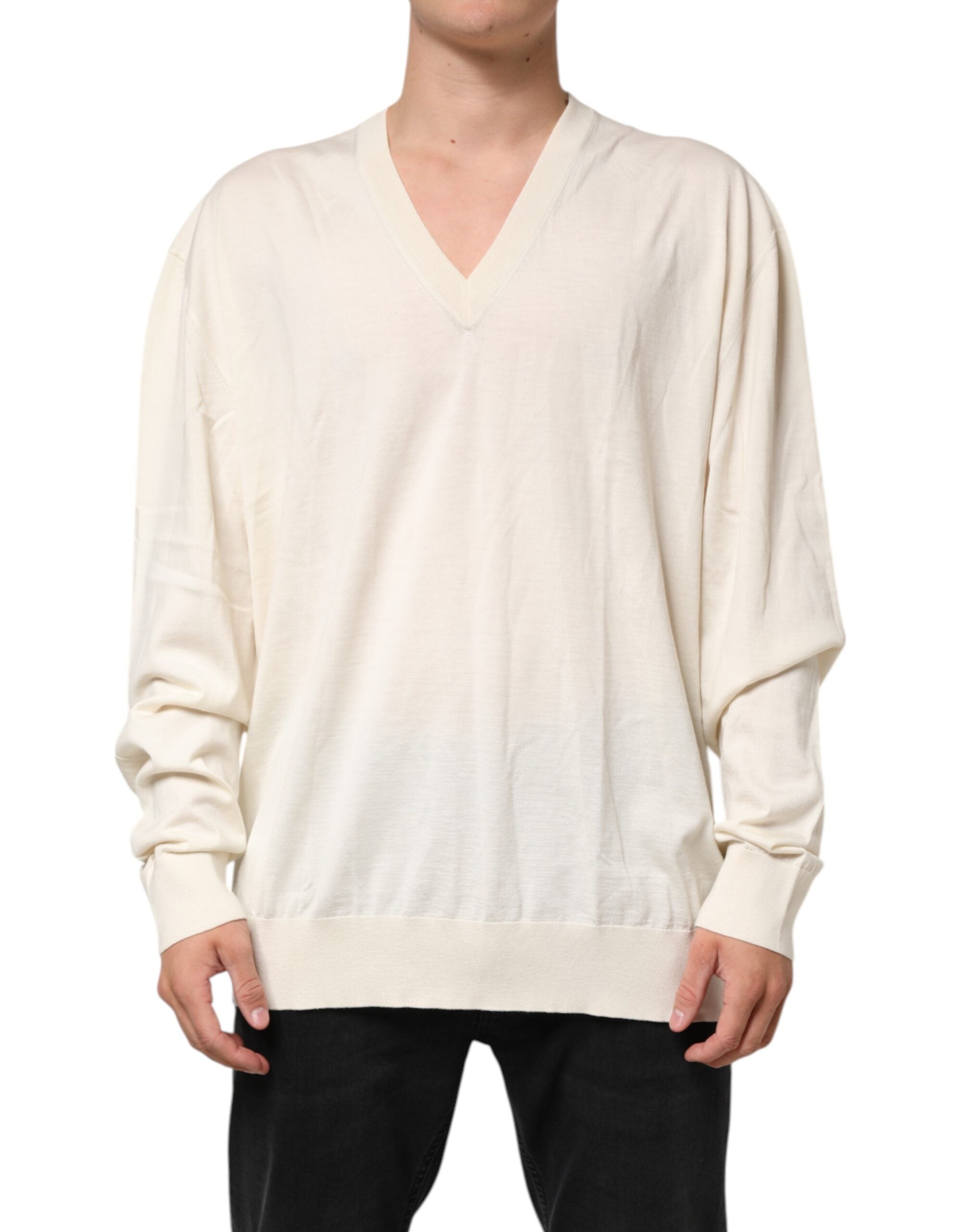 Pull homme Dolce & Gabbana en laine vierge ivoire à col en V, pull en tricot élégant et confortable.