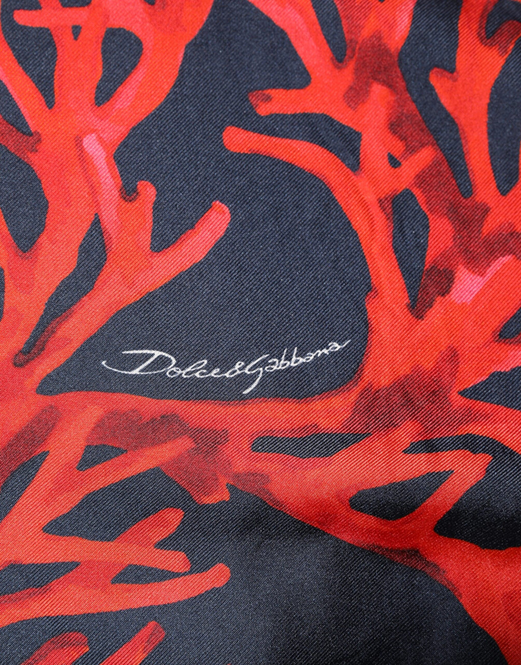Pull-over en soie Dolce & Gabbana à motif corail rouge et marine, élégant pull en tissu luxueux et coloré.