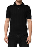 Polo en soie jacquard noir Dolce & Gabbana avec logo DG, manche courte, design élégant et sophistiqué.