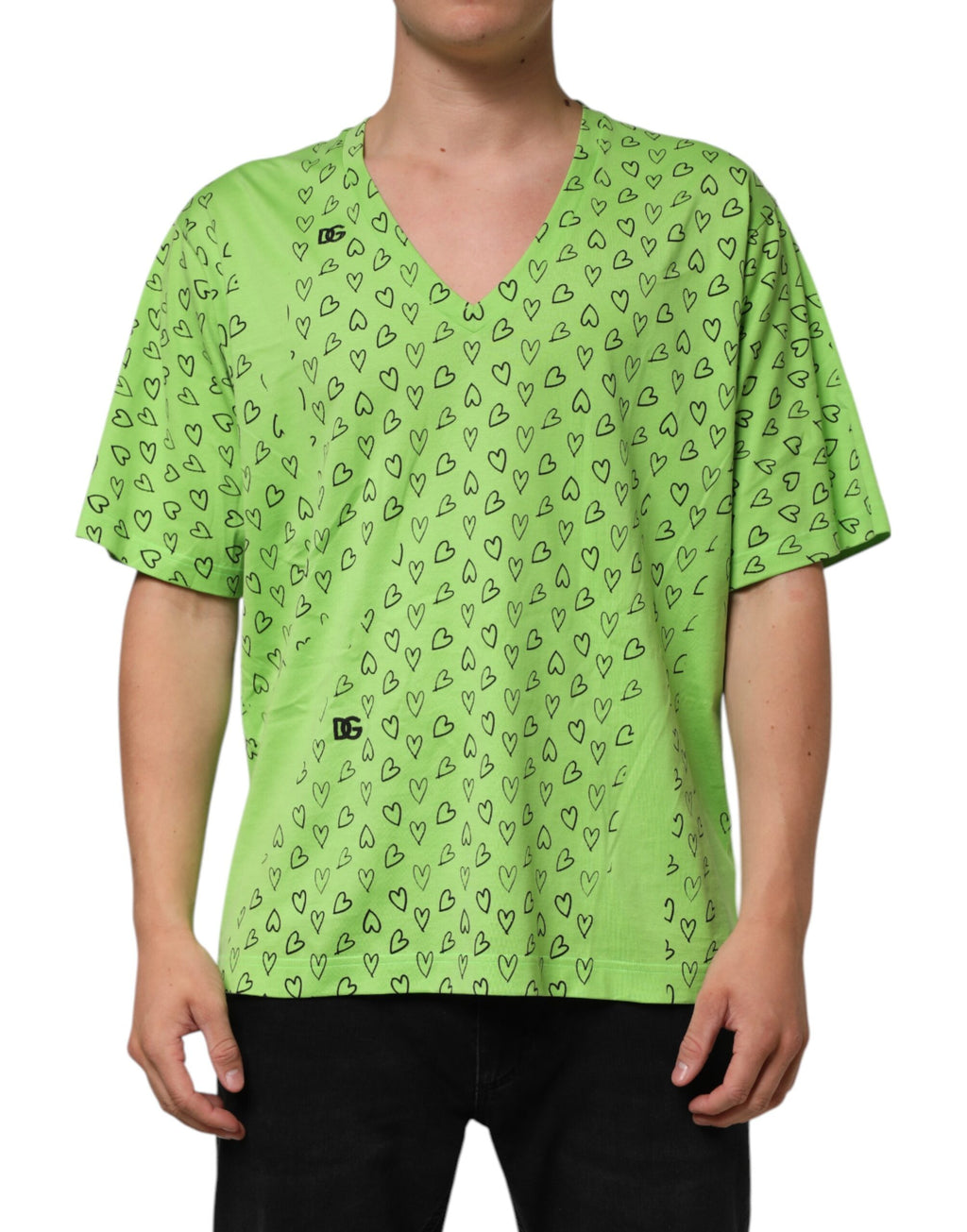 T-shirt verte Dolce & Gabbana à col en V, logo DG et motif cœur imprimé, tissu en coton.