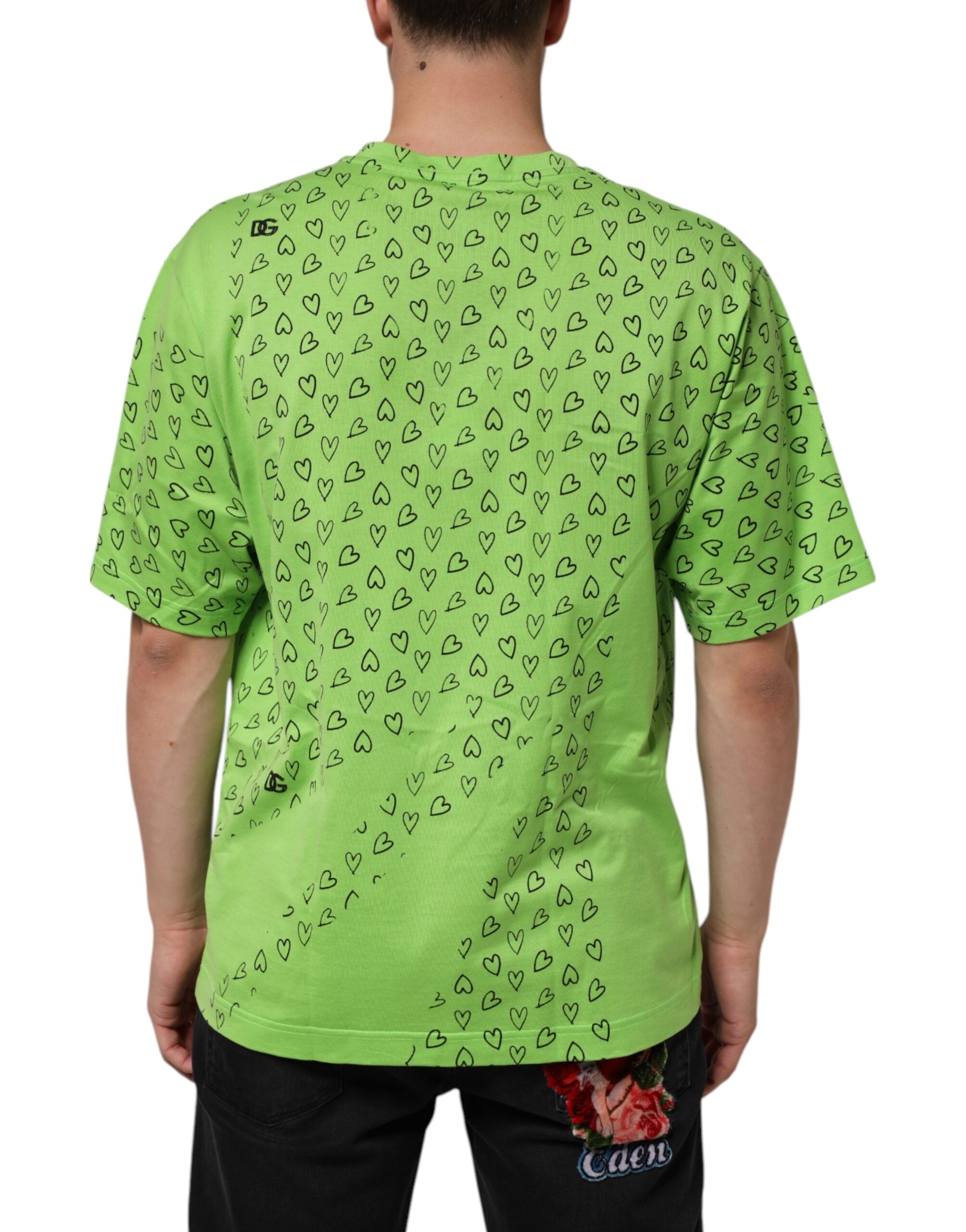 T-shirt vert Dolce & Gabbana à col en V avec logo DG et motif cœur imprimé, en coton, vue de face.