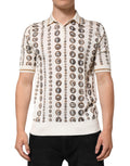 Polo homme Dolce & Gabbana en soie ivoire avec motif pièces de monnaie et logo, design élégant et sophistiqué.