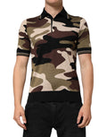 T-shirt polo militaire en soie camouflage marron de Dolce & Gabbana, détail de col et motif camouflage sur le devant.