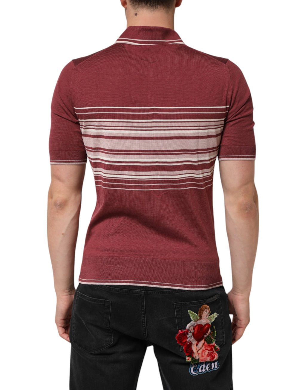 Polo en coton bordeaux à rayures avec logo DG de Dolce & Gabbana, t-shirt élégant pour homme.