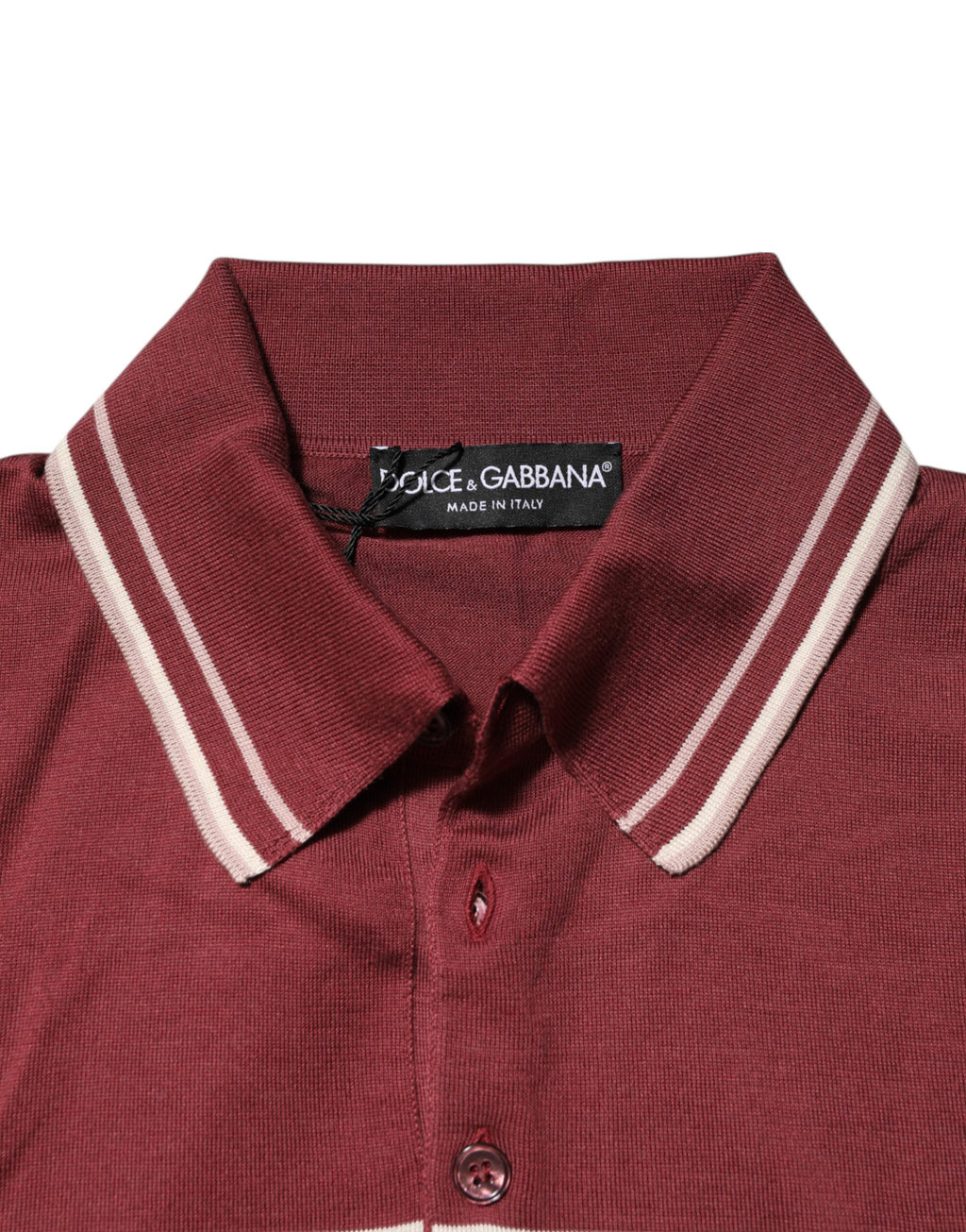 Polo en coton bordeaux à rayures avec logo DG de Dolce & Gabbana, porté par un mannequin.