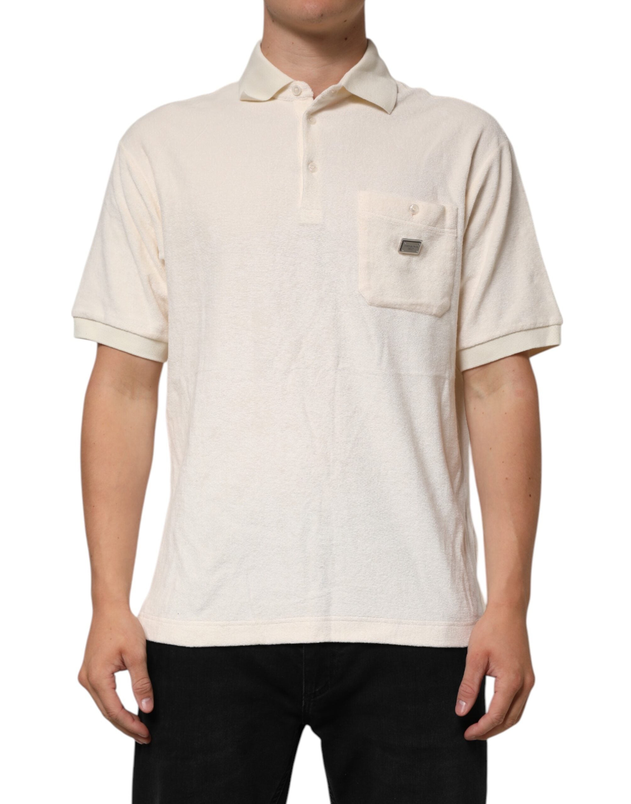 T-shirt polo Dolce & Gabbana en coton ivoire avec logo et poche visible, décontracté et élégant.